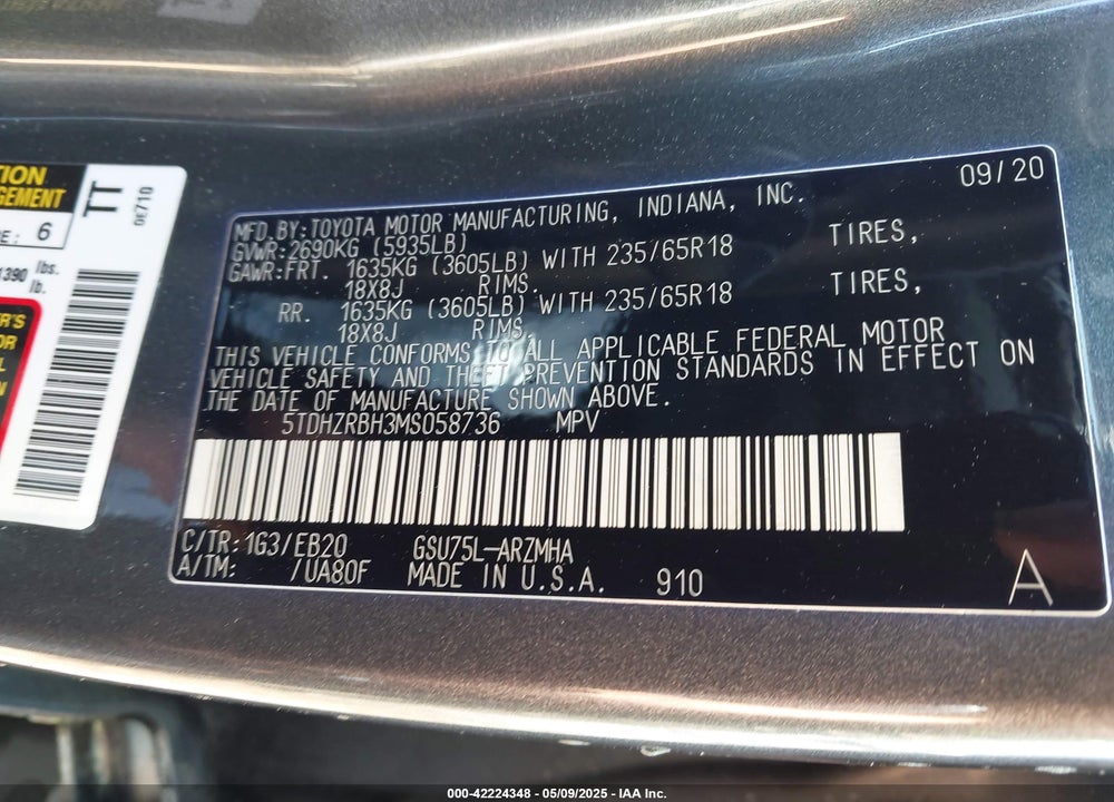 2021 TOYOTA HIGHLANDER VIN: 5TDHZRBH3MS058736