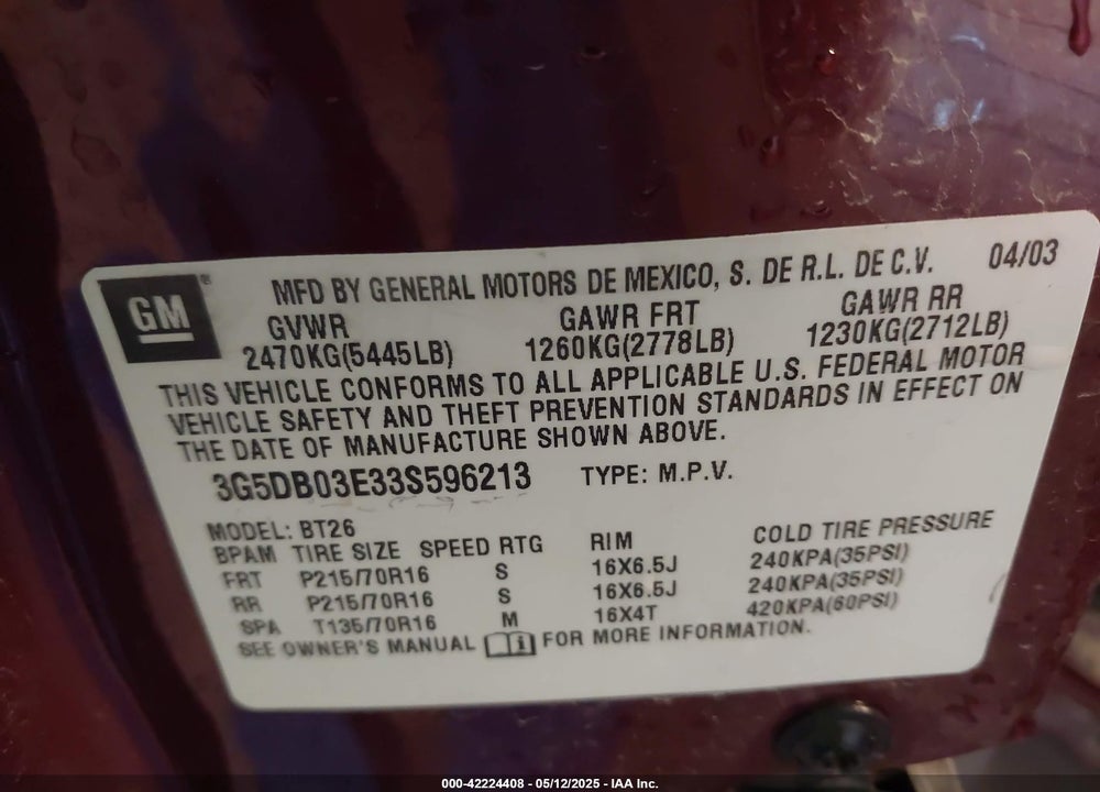 2003 BUICK RENDEZVOUS VIN: 3G5DB03E33S596213