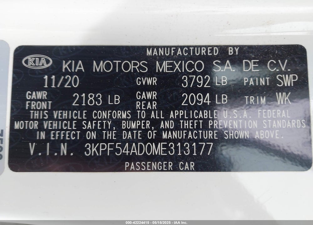 2021 KIA FORTE EX VIN: 3KPF54AD0ME313177