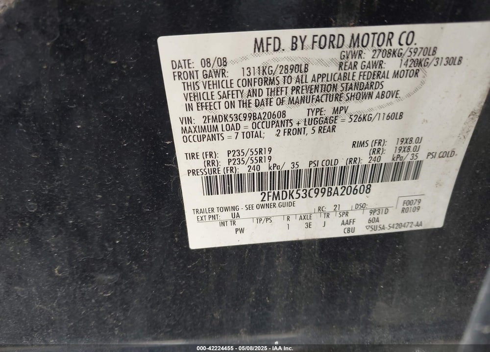 2009 FORD FLEX VIN: 2FMDK53C99BA20608