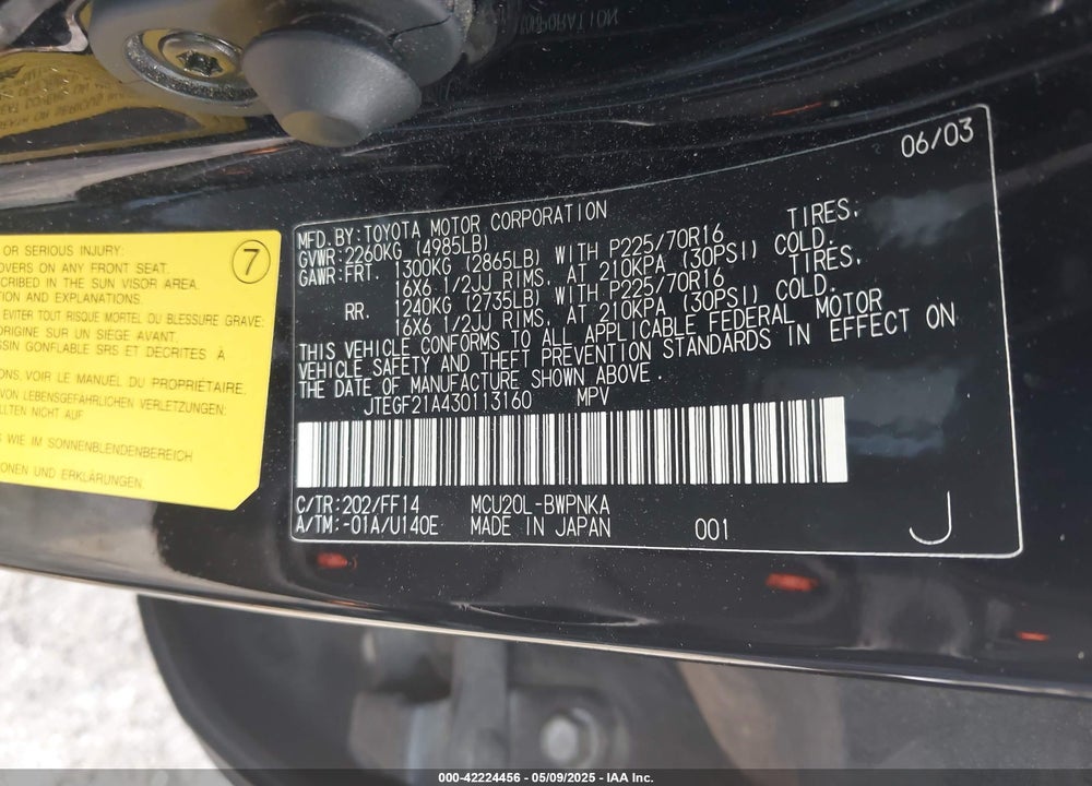 2003 TOYOTA HIGHLANDER LIMITED V6 VIN: JTEGF21A430113160