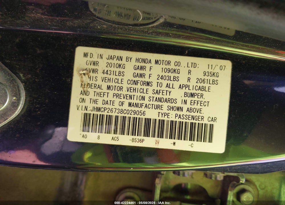 2008 HONDA ACCORD 2.4 EX VIN: JHMCP26738C029056
