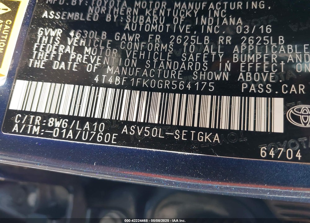 2016 TOYOTA CAMRY VIN: 4T4BF1FK0GR564175