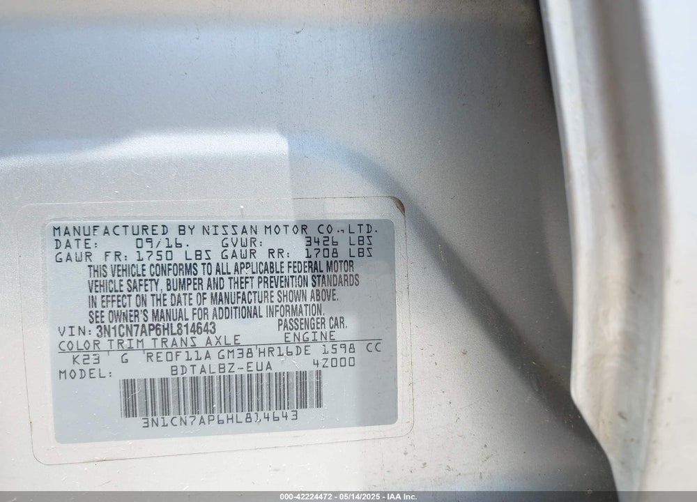 2017 NISSAN VERSA 1.6 S/1.6 S+/1.6 SL/1.6 SV VIN: 3N1CN7AP6HL814643