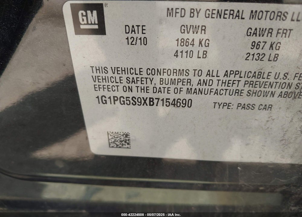 2011 CHEVROLET CRUZE VIN: 1G1PG5S9XB7154690