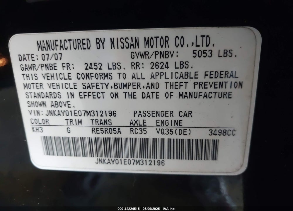 2007 INFINITI M35 SPORT VIN: JNKAY01E07M312196