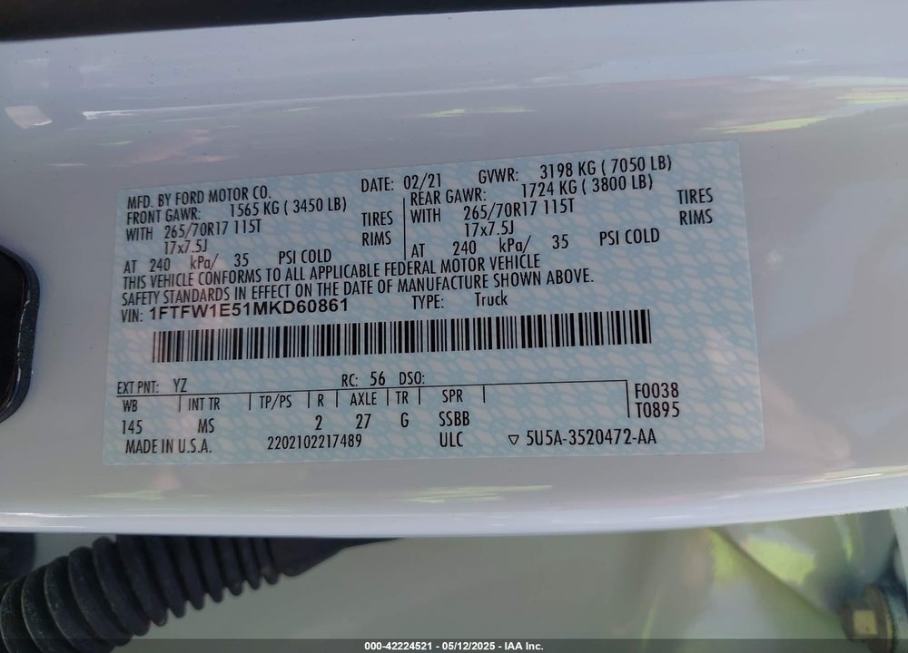 2021 FORD F-150 VIN: 1FTFW1E51MKD60861