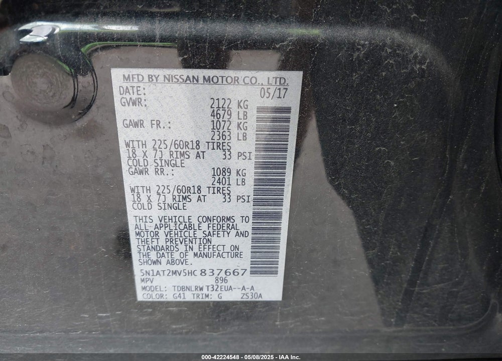 2017 NISSAN ROGUE SL VIN: 5N1AT2MV5HC837667