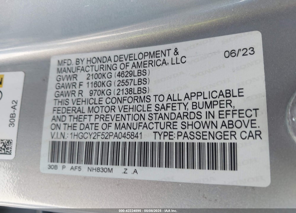 2023 HONDA ACCORD HYBRID SPORT VIN: 1HGCY2F52PA045841