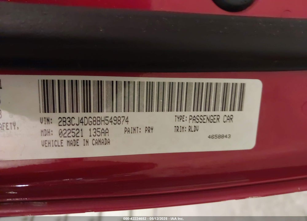 2011 DODGE CHALLENGER VIN: 2B3CJ4DG8BH549874