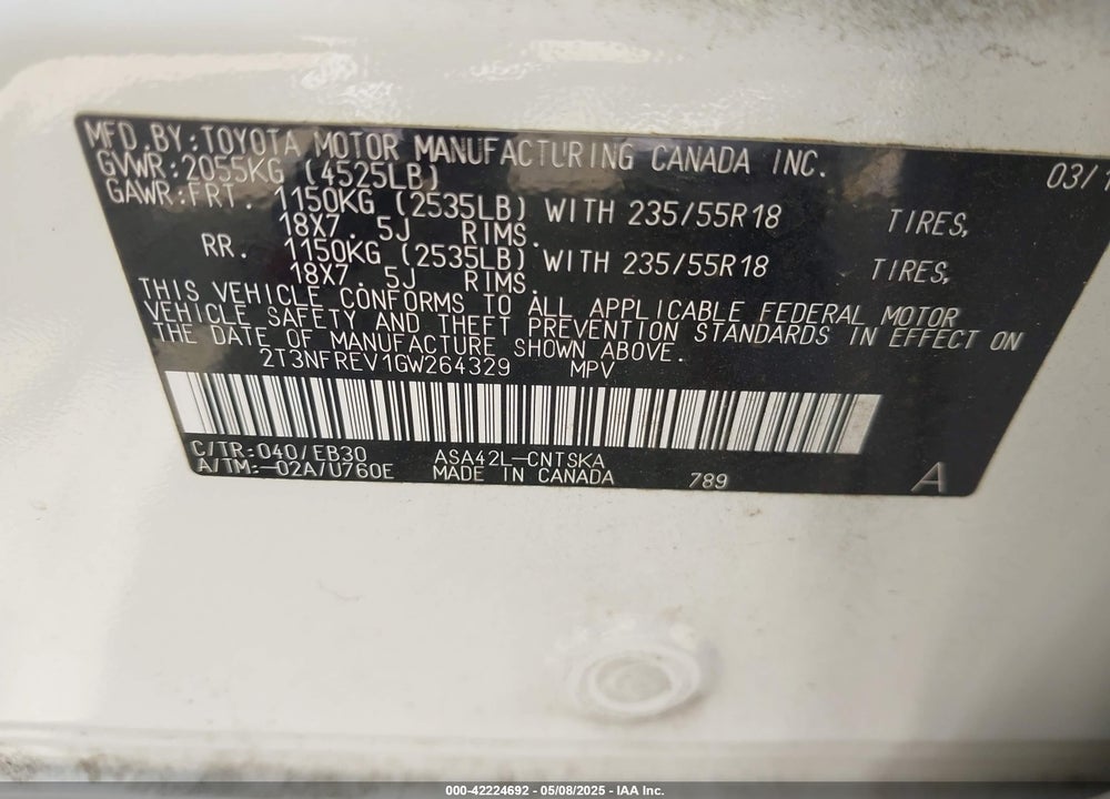 2016 TOYOTA RAV4 VIN: 2T3NFREV1GW264329