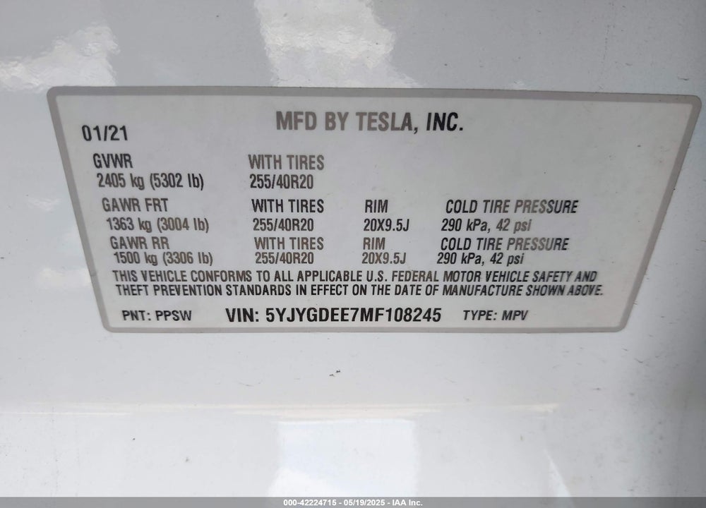 2021 TESLA MODEL Y LONG RANGE DUAL MOTOR ALL-WHEEL DRIVE VIN: 5YJYGDEE7MF108245