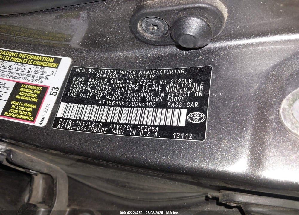 2018 TOYOTA CAMRY VIN: 4T1B61HK3JU084100