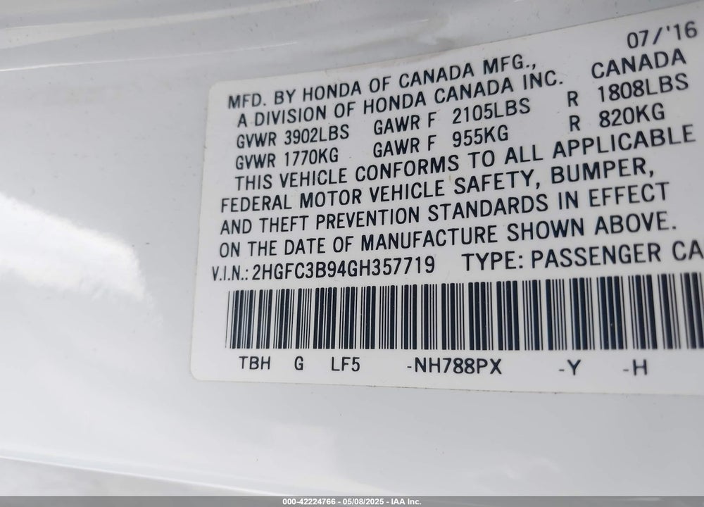 2016 HONDA CIVIC VIN: 2HGFC3B94GH357719