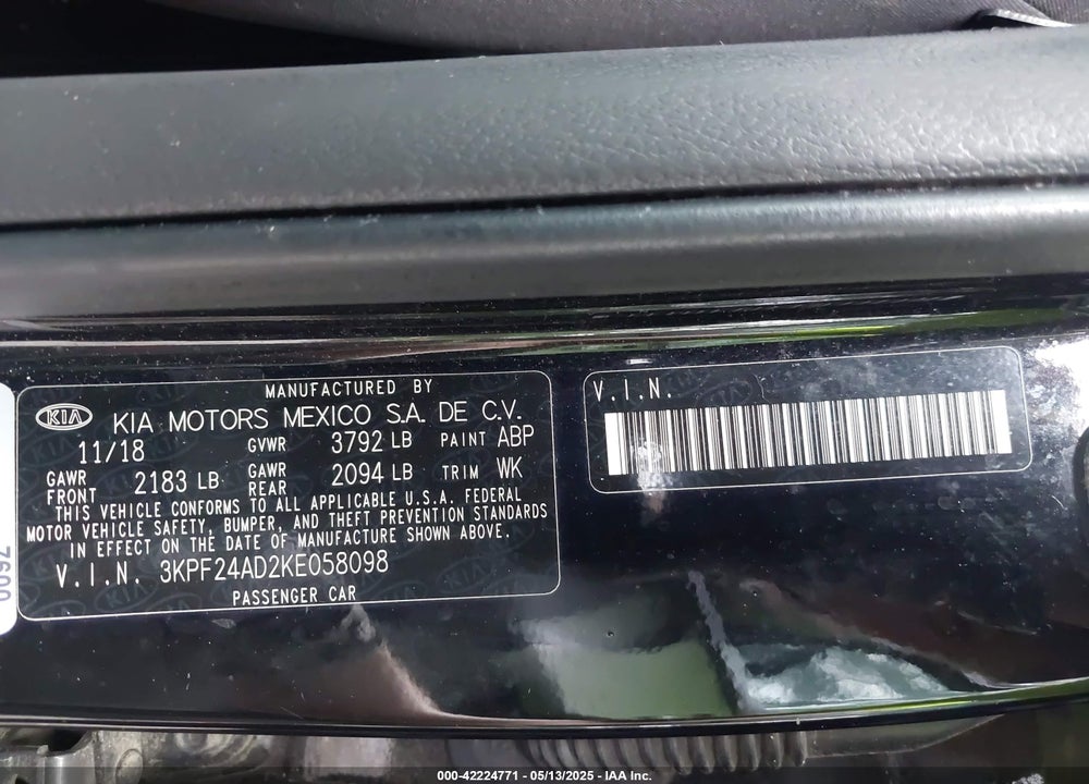 2019 KIA FORTE VIN: 3KPF24AD2KE058098