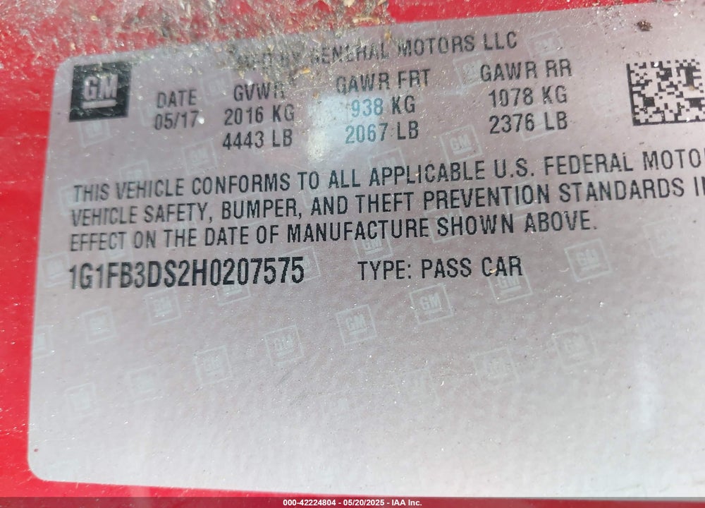 2017 CHEVROLET CAMARO 1LT VIN: 1G1FB3DS2H0207575