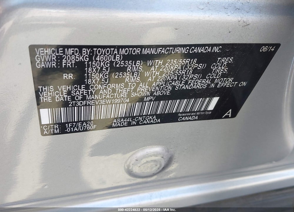 2014 TOYOTA RAV4 VIN: 2T3DFREV3EW199704