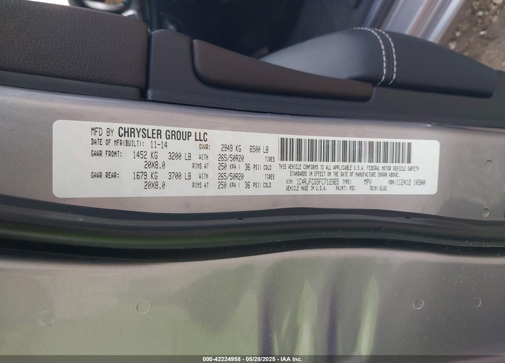 2015 JEEP GRAND CHEROKEE OVERLAND VIN: 1C4RJFCG5FC712365