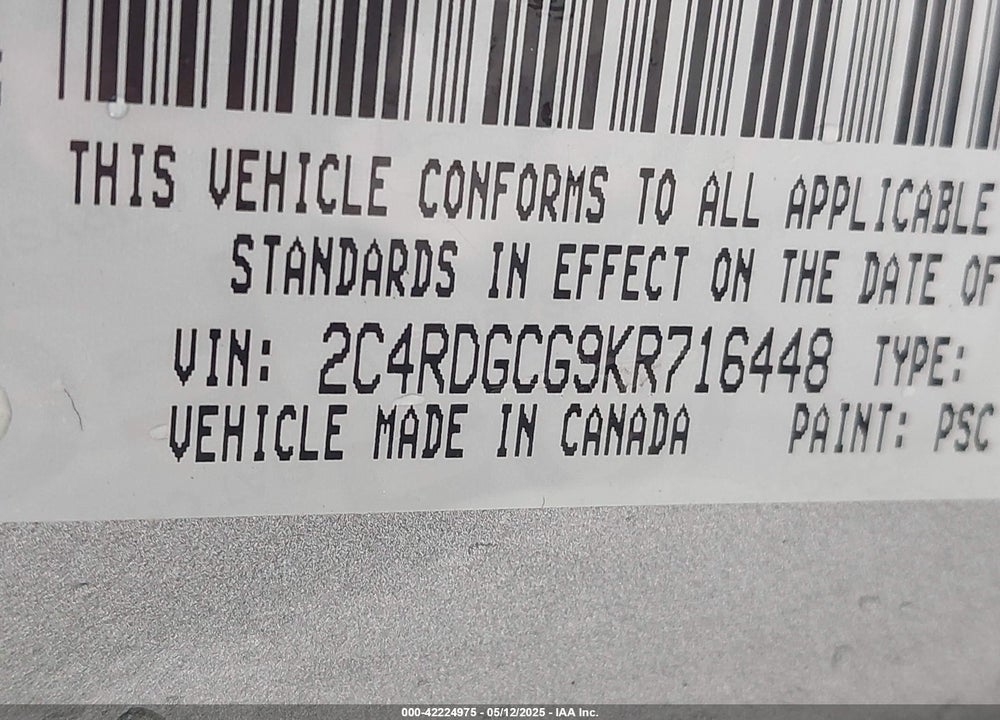 2019 DODGE GRAND CARAVAN SXT VIN: 2C4RDGCG9KR716448