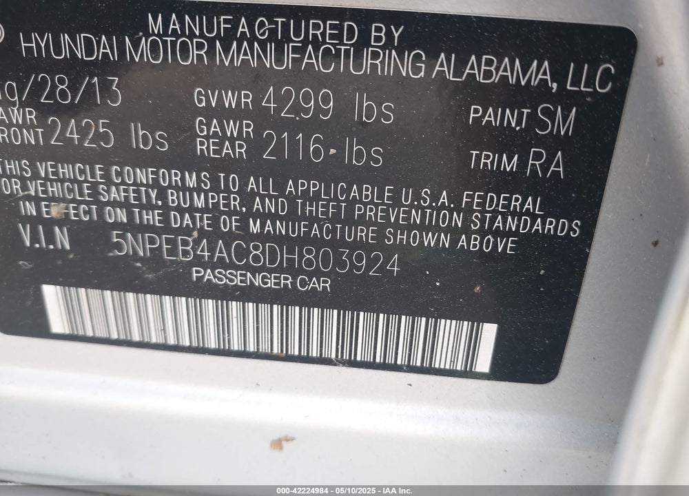 2013 HYUNDAI SONATA VIN: 5NPEB4AC8DH803924