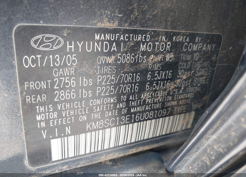2006 HYUNDAI SANTA FE VIN: KM8SC13E16U081097