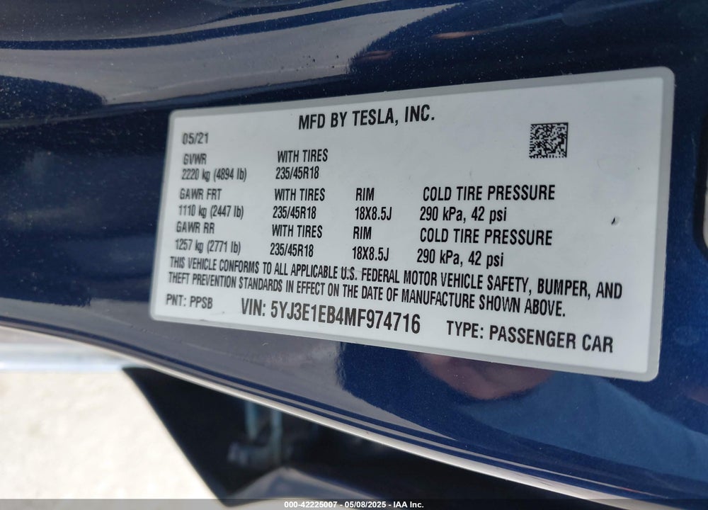 2021 TESLA MODEL 3 VIN: 5YJ3E1EB4MF974716