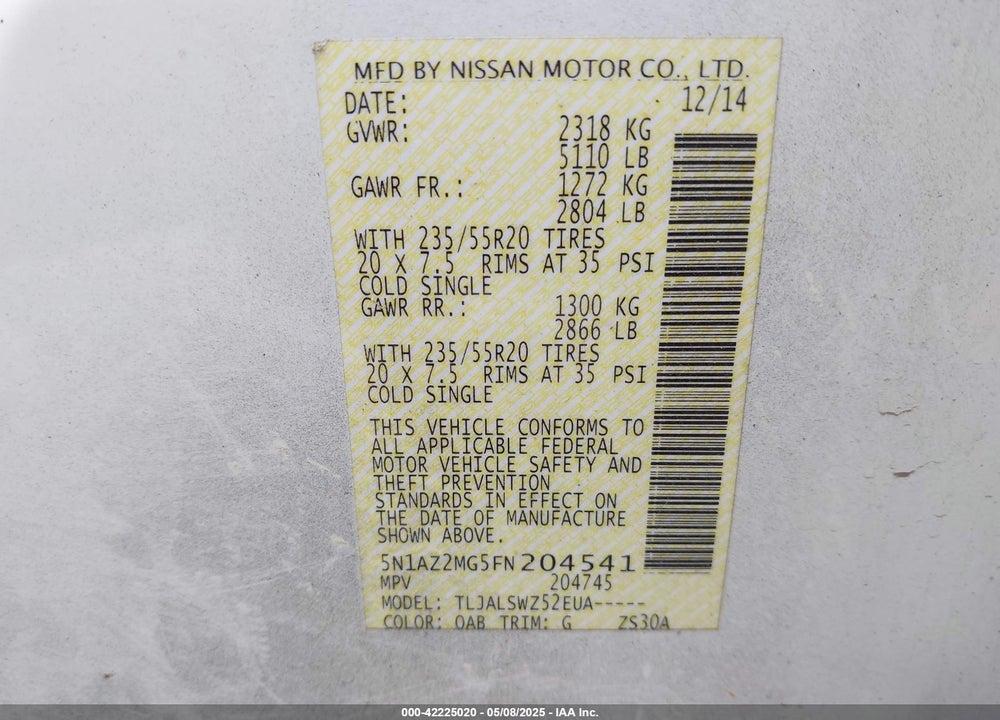 2015 NISSAN MURANO PLATINUM VIN: 5N1AZ2MG5FN204541