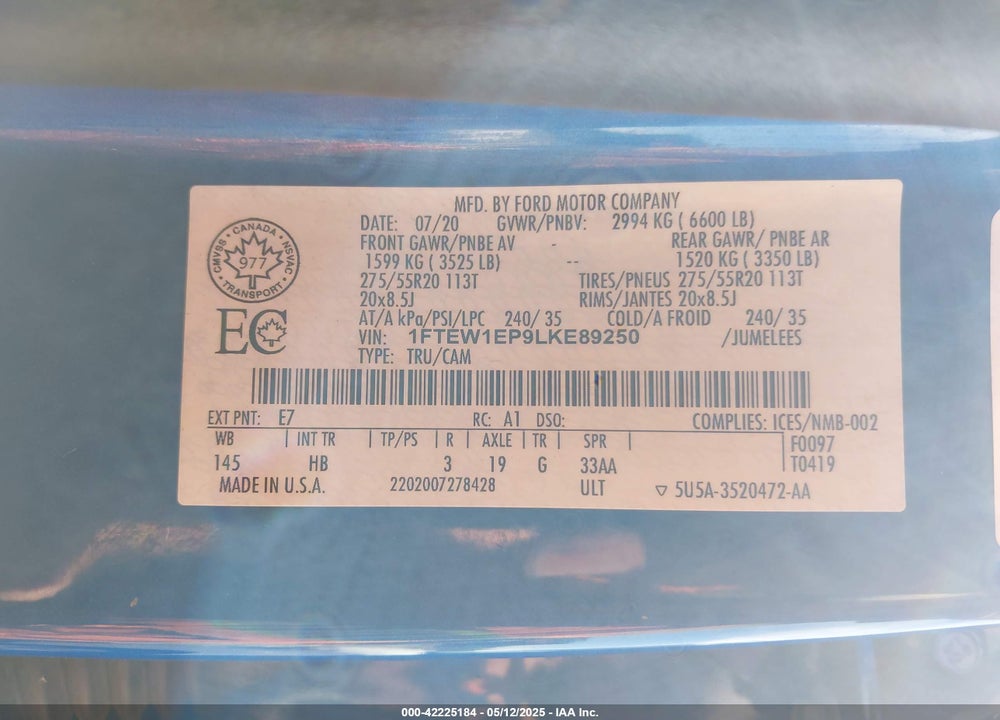2020 FORD F-150 LARIAT VIN: 1FTEW1EP9LKE89250