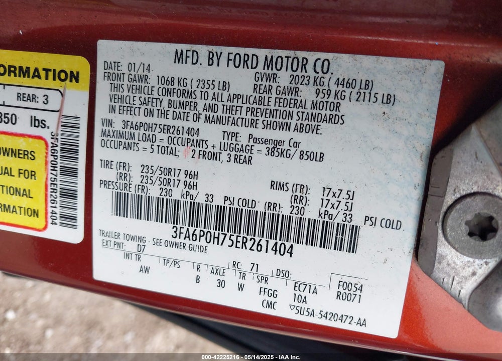 2014 FORD FUSION SE VIN: 3FA6P0H75ER261404