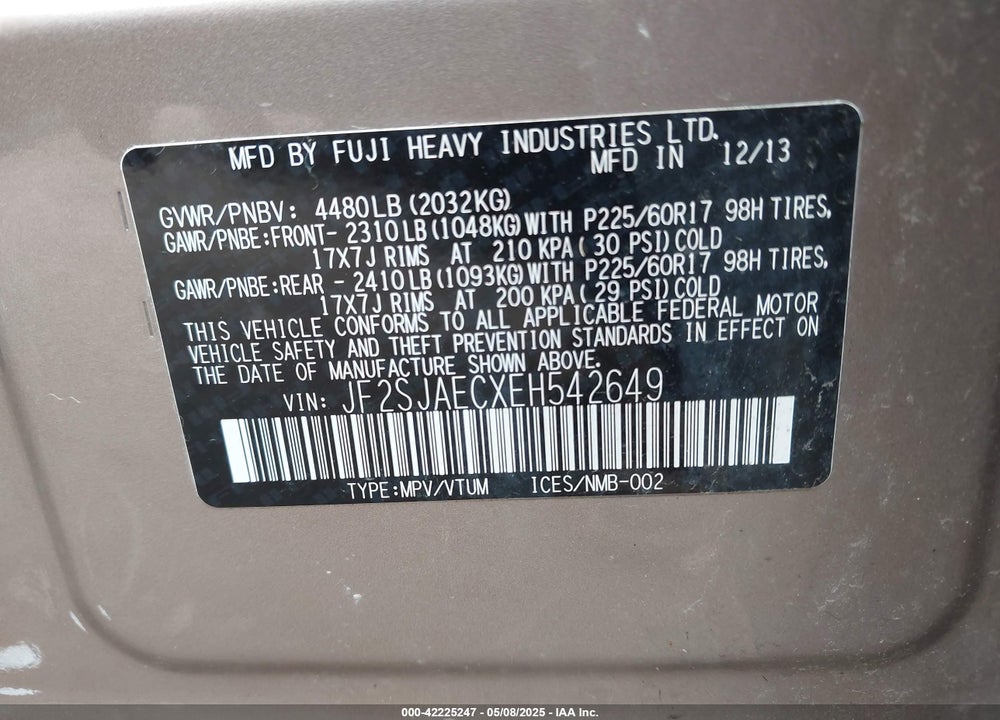 2014 SUBARU FORESTER VIN: JF2SJAECXEH542649