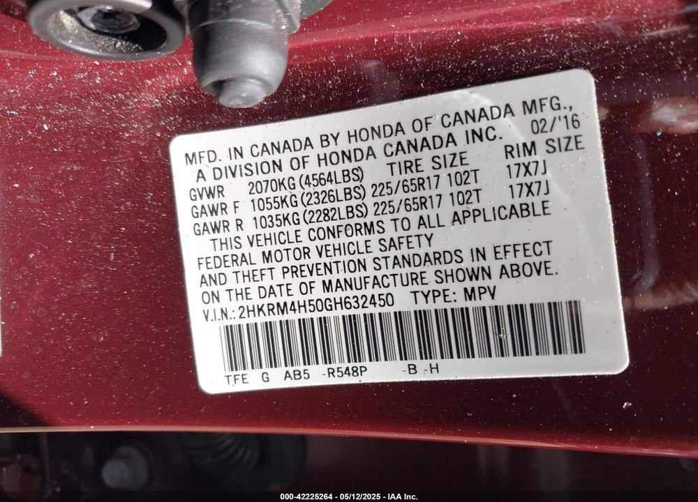 2016 HONDA CR-V VIN: 2HKRM4H50GH632450