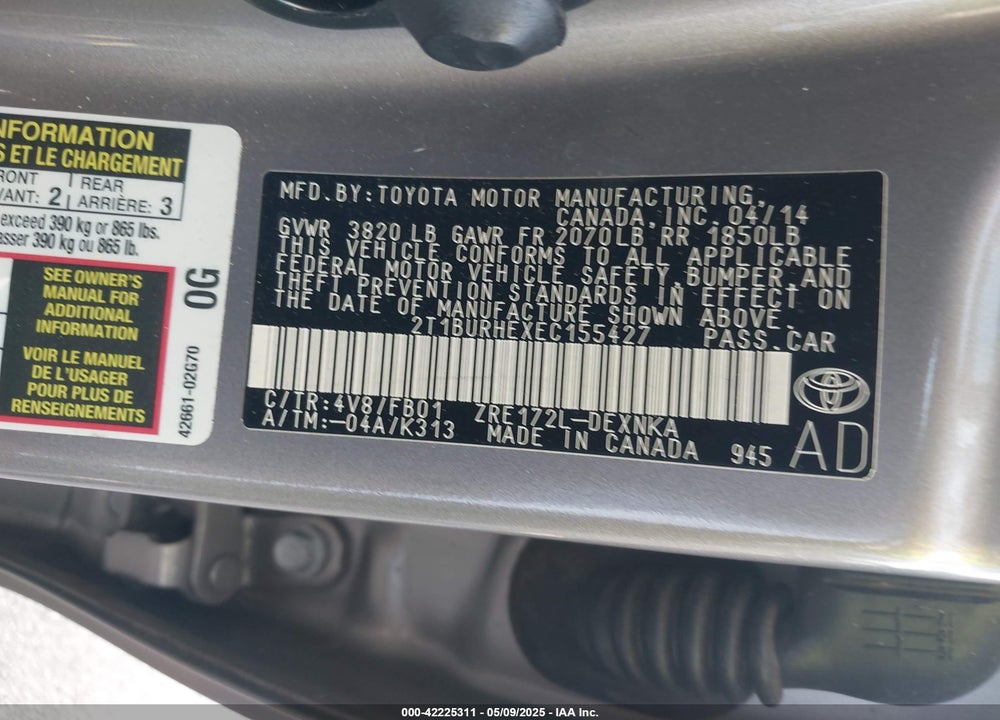 2014 TOYOTA COROLLA LE VIN: 2T1BURHEXEC155427