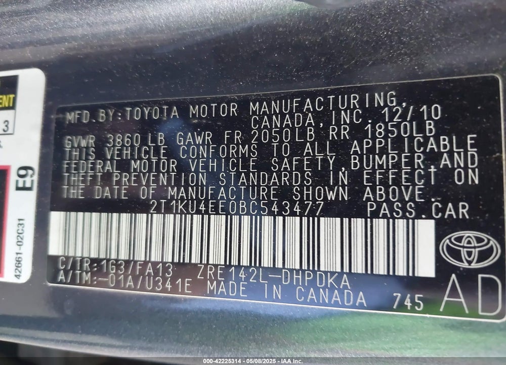 2011 TOYOTA MATRIX VIN: 2T1KU4EE0BC543477