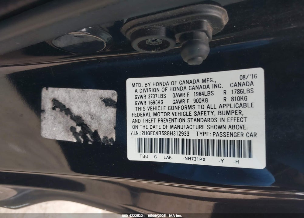 2016 HONDA CIVIC VIN: 2HGFC4B58GH312933