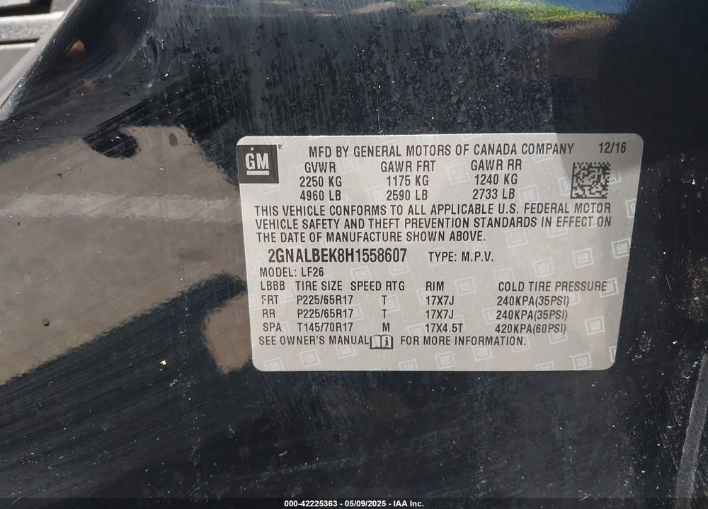 2017 CHEVROLET EQUINOX VIN: 2GNALBEK8H1558607