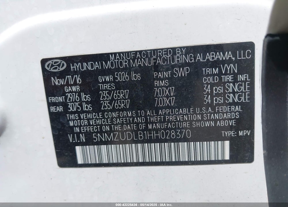 2017 HYUNDAI SANTA FE SPORT VIN: 5NMZUDLB1HH028370