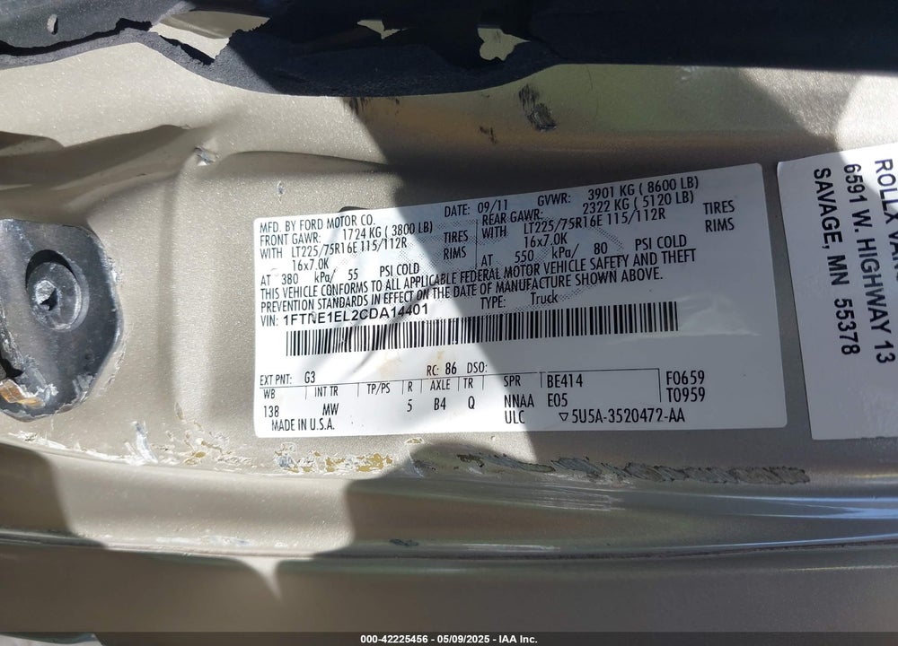2012 FORD E 150 VIN: 1FTNE1EL2CDA14401