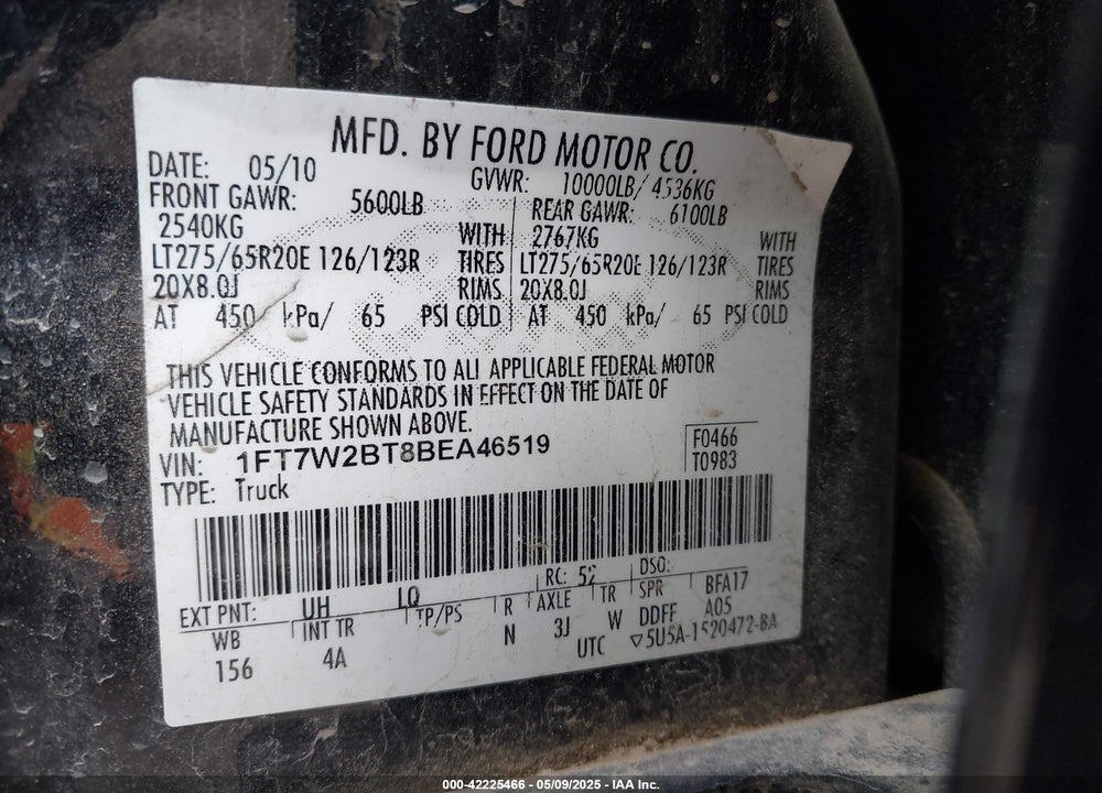 2011 FORD F-250 VIN: 1FT7W2BT8BEA46519