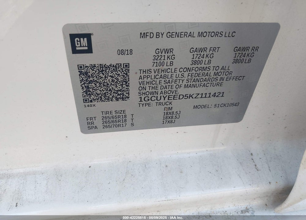 2019 CHEVROLET SILVERADO VIN: 1GCUYEED5KZ111421