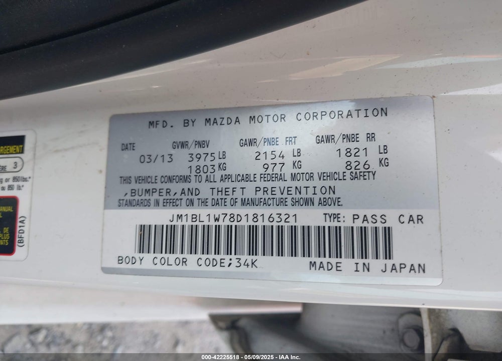 2013 MAZDA MAZDA3 VIN: JM1BL1W78D1816321