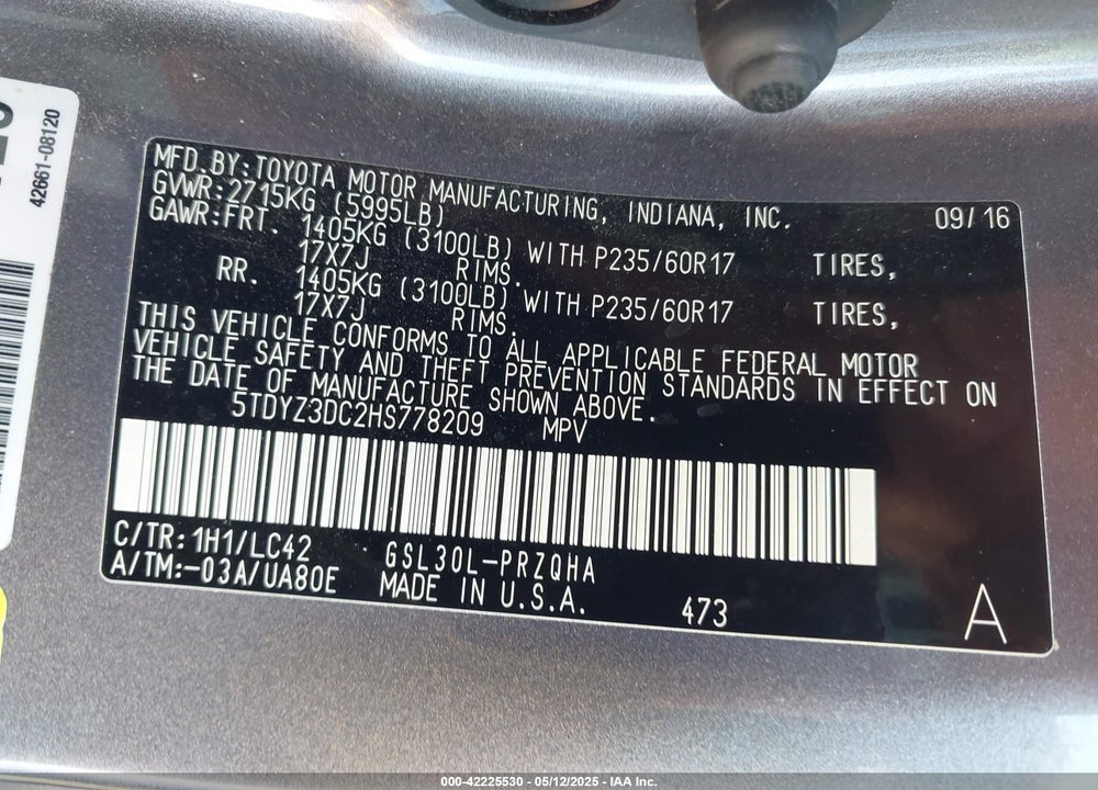 2017 TOYOTA SIENNA VIN: 5TDYZ3DC2HS778209