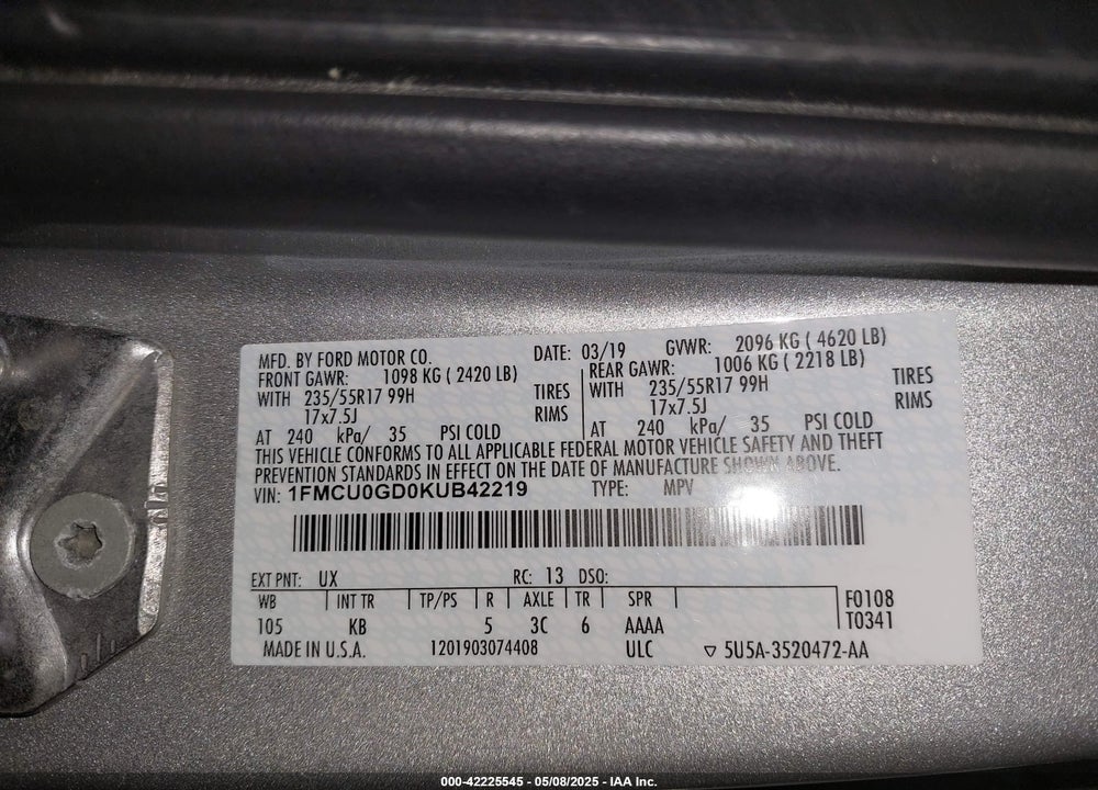 2019 FORD ESCAPE SE VIN: 1FMCU0GD0KUB42219