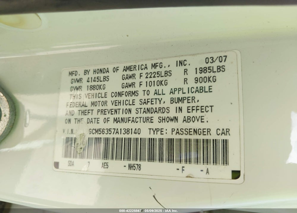 2007 HONDA ACCORD VIN: 1HGCM56357A138140