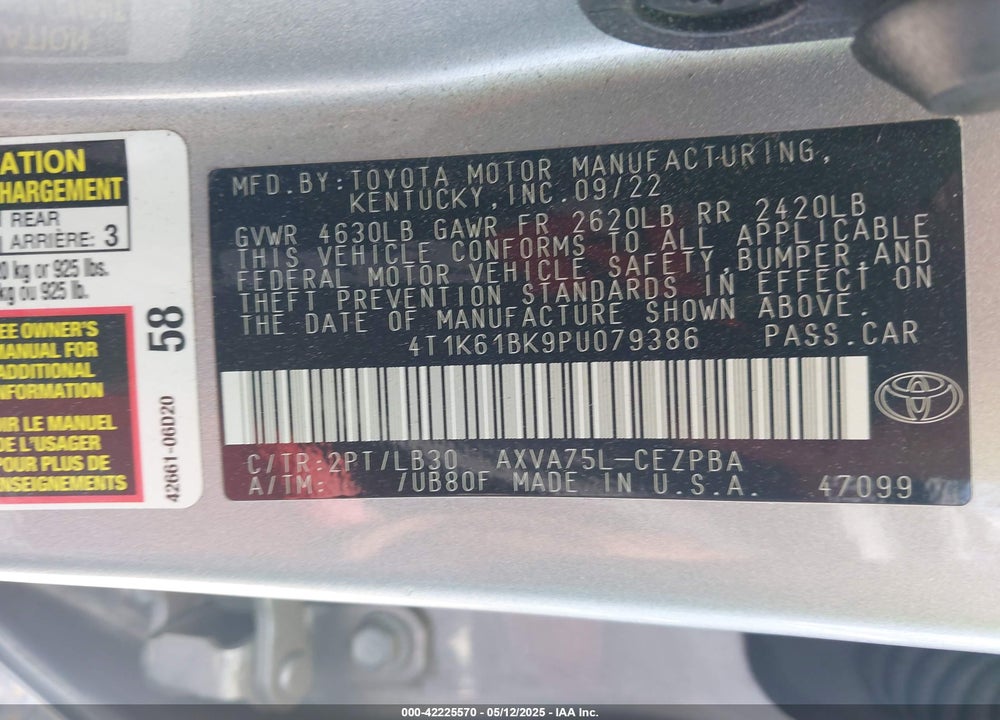 2023 TOYOTA CAMRY VIN: 4T1K61BK9PU079386