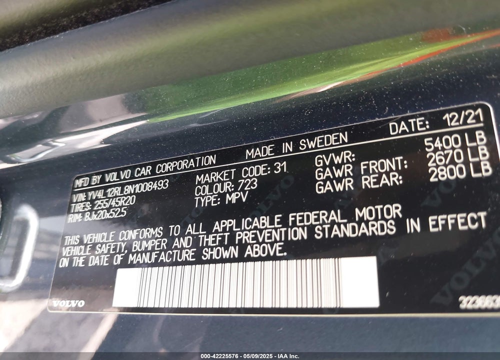 2022 VOLVO XC60 B5 INSCRIPTION VIN: YV4L12RL8N1008493