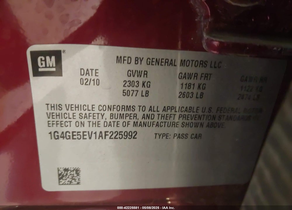 2010 BUICK LACROSSE VIN: 1G4GE5EV1AF225992