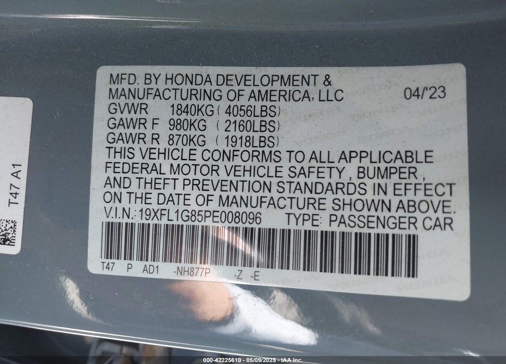 2023 HONDA CIVIC VIN: 19XFL1G85PE008096