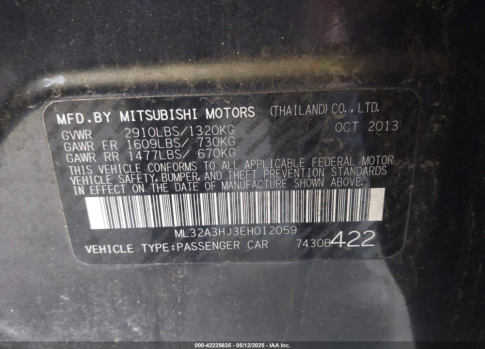 2014 MITSUBISHI MIRAGE VIN: ML32A3HJ3EH012059