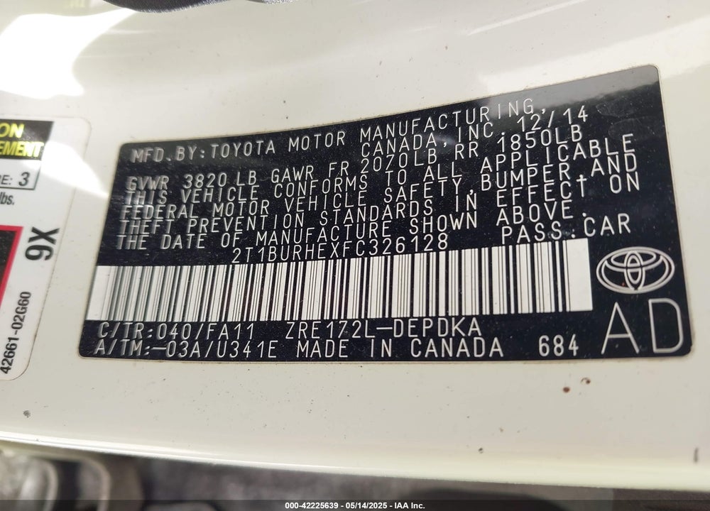 2015 TOYOTA COROLLA L VIN: 2T1BURHEXFC326128
