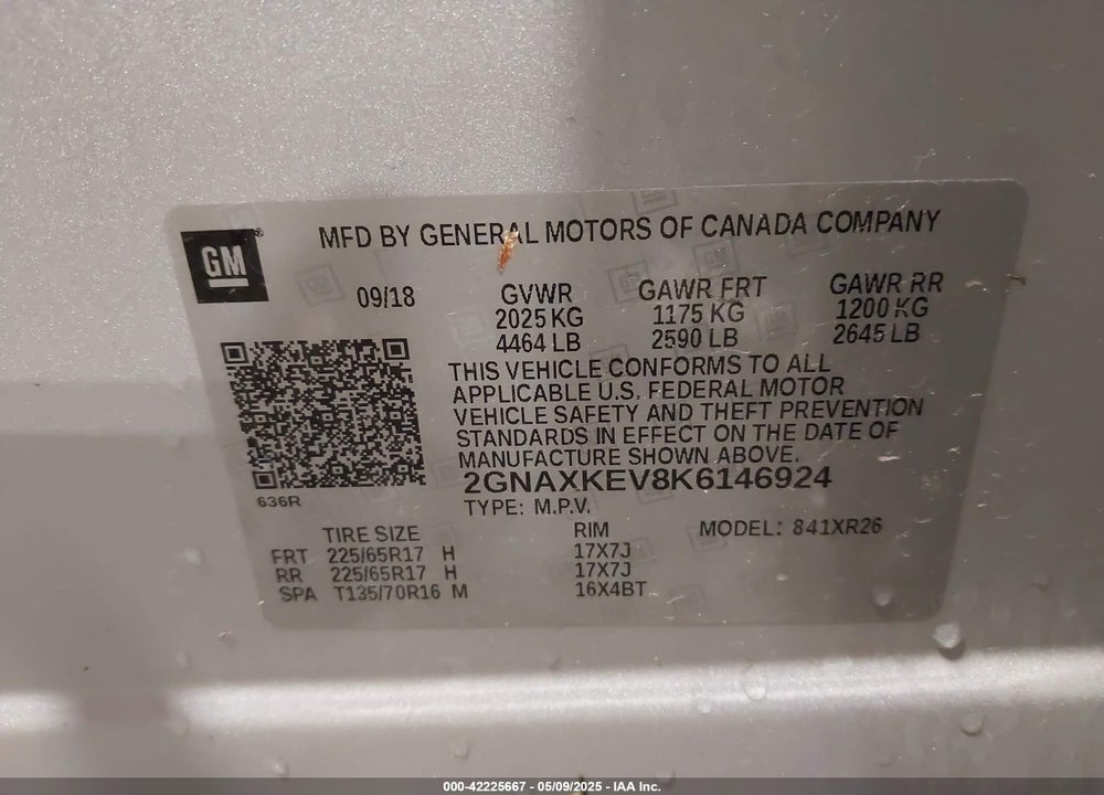2019 CHEVROLET EQUINOX LT VIN: 2GNAXKEV8K6146924